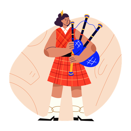 Woman Scottish Bagpiper playing music  Illustration