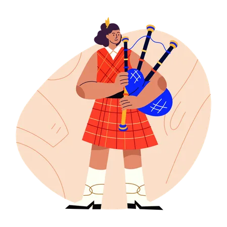 Woman Scottish Bagpiper playing music  Illustration