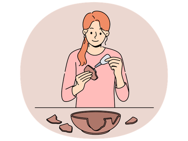 Woman seals broken clay plate to hide carelessness and demonstrate conscious consumption  Illustration