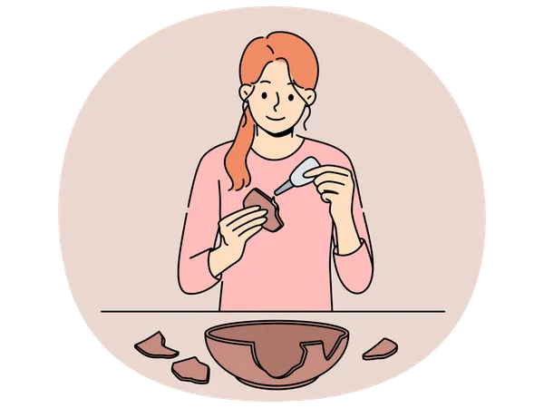 Woman seals broken clay plate to hide carelessness and demonstrate conscious consumption  Illustration