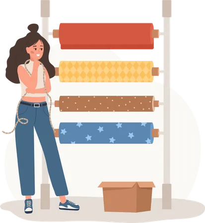 Woman Seamstress Chooses Fabric For Future Clothing Collection Young Female Tailor Create Clothes In Studio Fashion Designer Or Dressmaker Vector Illustration In Flat Cartoon Style Hobby Concept Illustration