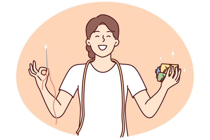 Woman seamstress holds in hands sharp needle and threads for making clothes  Illustration