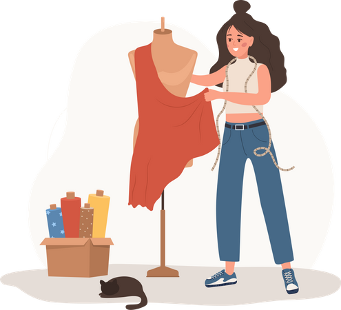 Woman seamstress taking measurement of mannequin  일러스트레이션