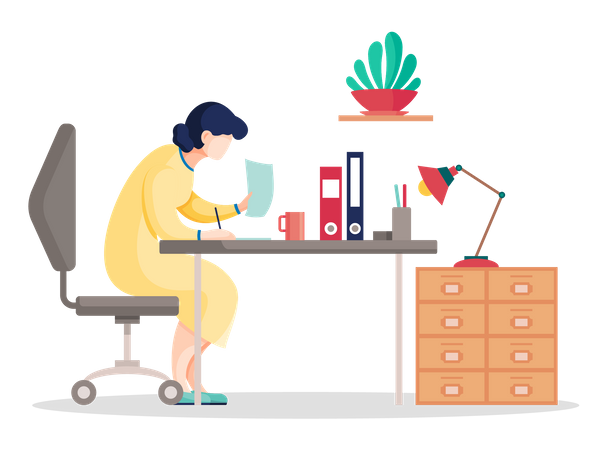 Woman search data in the documents sitting table in office Illustration