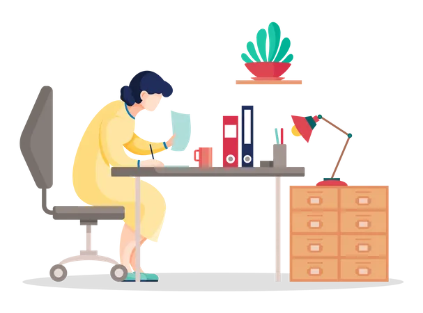 Woman search data in the documents sitting table in office Illustration