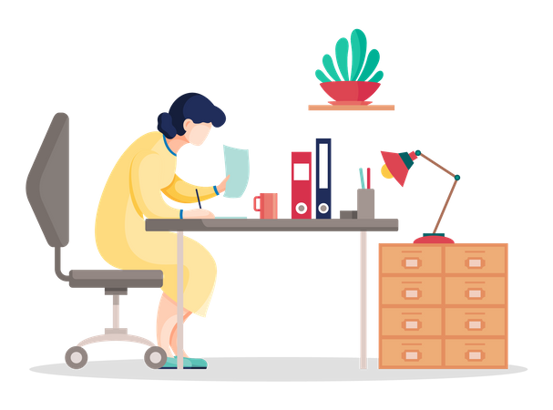 Woman search data in the documents sitting table in office  Illustration