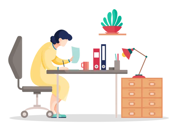 Woman search data in the documents sitting table in office  Illustration