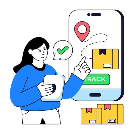 Woman searches for Mobile Parcel Location  Illustration