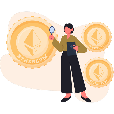 Woman searching ethereum  coin  Illustration