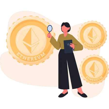 Woman searching ethereum  coin  Illustration