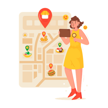 Woman Searching food store location  Illustration