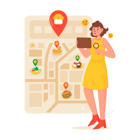 Woman Searching food store location  Illustration