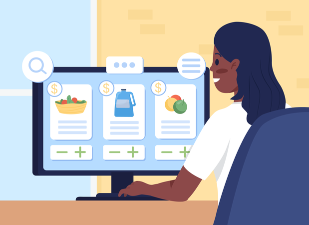 Woman Searching for groceries online Illustration