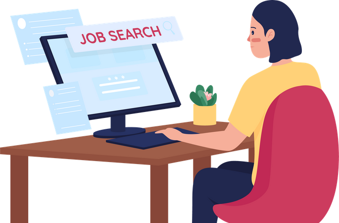 Woman searching for job online Illustration
