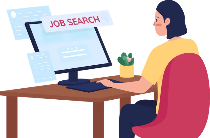 Woman Searching For Job Online Flat Color Vector Detailed Character Look For Work On Internet Unemployment Issue Female Employee Isolated Cartoon Illustration For Web Graphic Design And Animation Illustration