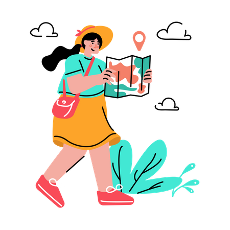 Woman searching for place with map  Illustration