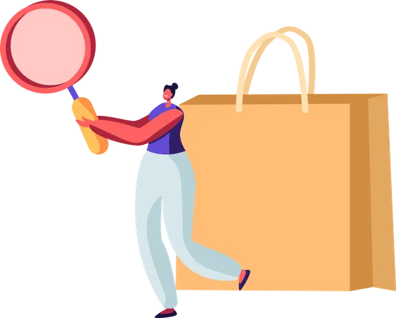 Tiny Female Character Holding Magnifying Glass At Huge Paper Bag Consumer Basket Consumption Reducing Shopping In Supermarket Concept Woman Searching Good Buying Price Cartoon Vector Illustration Illustration