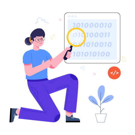 Woman searching in binary code Illustration