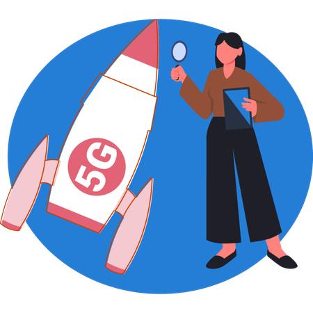 Woman  searching on 5G rocket  Illustration