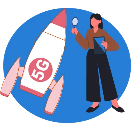 Woman  searching on 5G rocket  Illustration