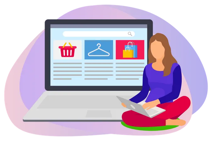 Woman searching products in online shopping website Illustration