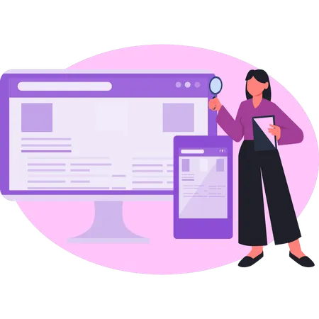 Woman searching SEO website  Illustration