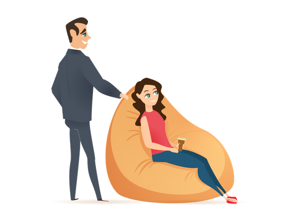 Woman Seat in Beanbag Chair and Man Stand Behind Illustration