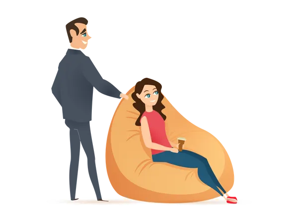 Woman Seat in Beanbag Chair and Man Stand Behind  Illustration