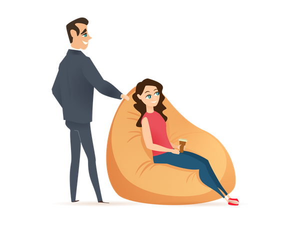 Woman Seat in Beanbag Chair and Man Stand Behind  Illustration