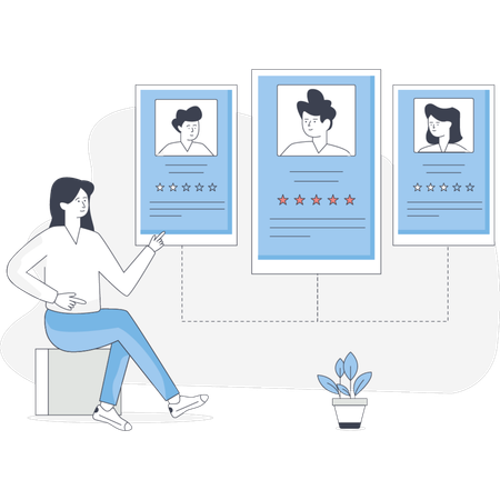 Woman seated in a chair examines customer reviews shown on three separate screens in her workspace  Illustration