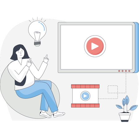 椅子に座って目の前のスクリーンで再生されているビデオを見ている女性  イラスト