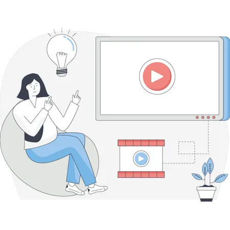 椅子に座って目の前のスクリーンで再生されているビデオを見ている女性  イラスト