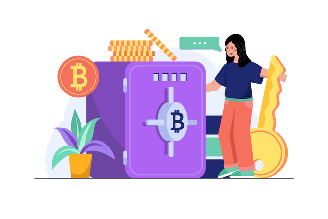 Woman securing Bitcoin in vault Illustration