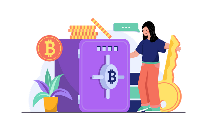 Woman securing Bitcoin in vault  Illustration