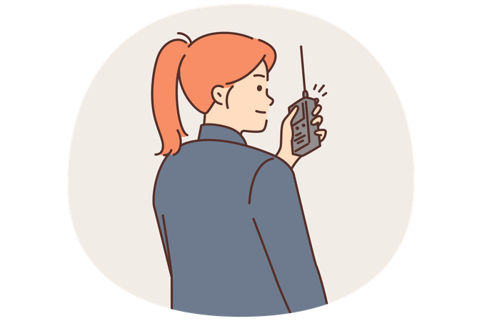Woman security guard uses walkie-talkie to contact colleagues  Illustration