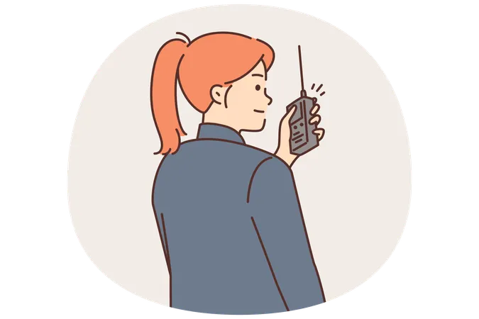 Woman security guard uses walkie-talkie to contact colleagues  Illustration