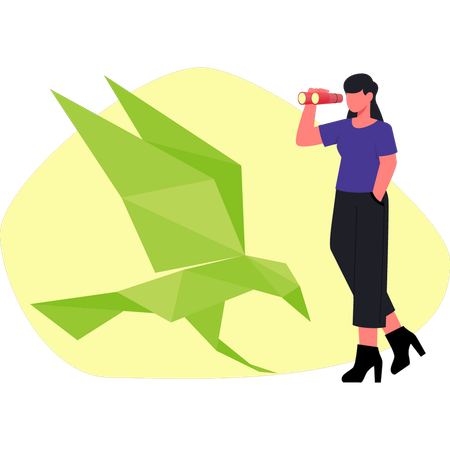 Woman seeing paper crow  Illustration