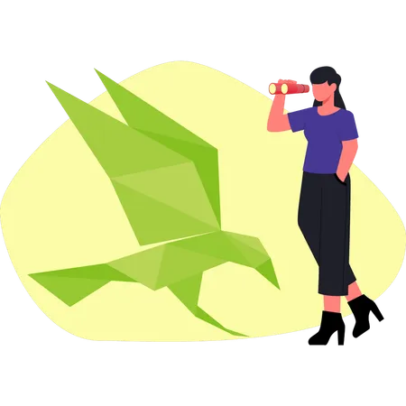 Woman seeing paper crow  Illustration