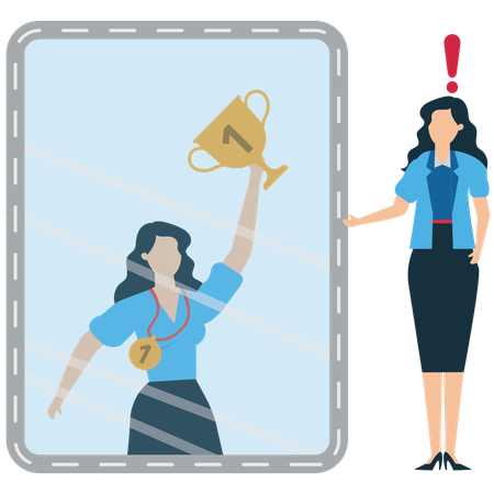 Woman Seeing Winner Version of Himself in Mirror  Illustration