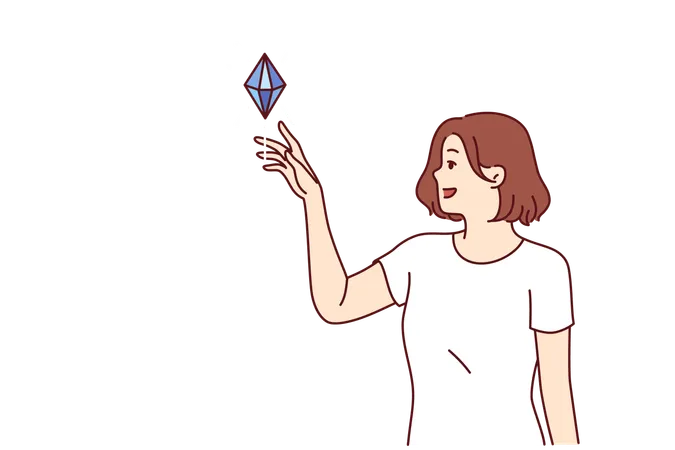 Woman sees diamond floating in air and wants to touch precious stone symbolizing prosperity  Illustration