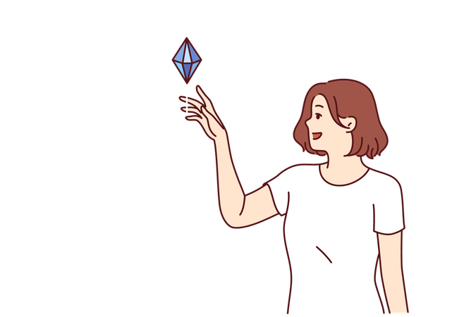 Woman sees diamond floating in air and wants to touch precious stone symbolizing prosperity  Illustration