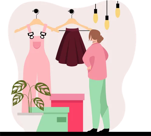 Woman select fashionable dress  일러스트레이션