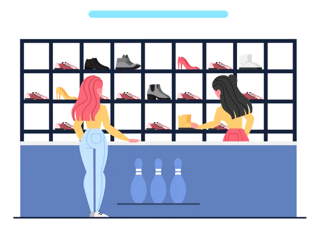 Woman selecting bowling shoes to play  일러스트레이션