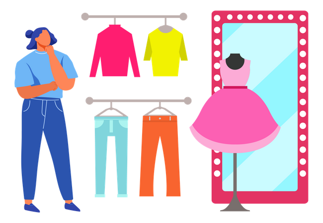 Woman selecting dress to try out Illustration