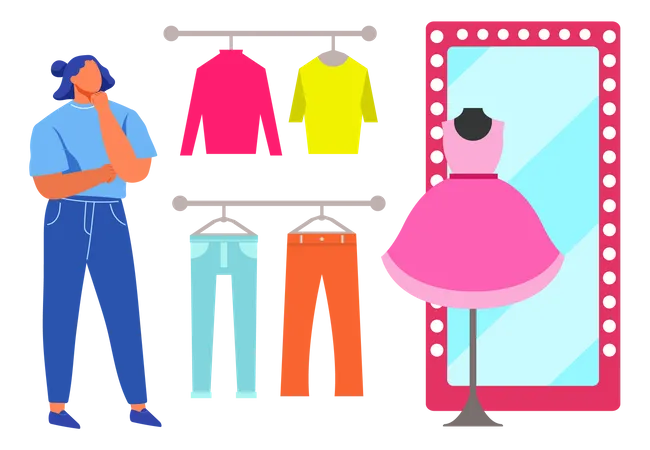 Woman Choose Cloth Hanging On Hangers Girl Shopper Going To Try On Pink Dress Shopping Lady In Clothing Store Mall Buyer In Shop Person Looks At Clothes Chooses Clothing Products In Store Illustration