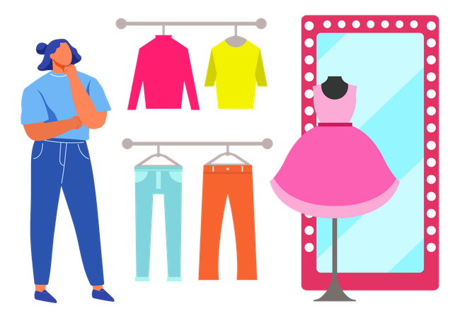 Woman selecting dress to try out  Illustration