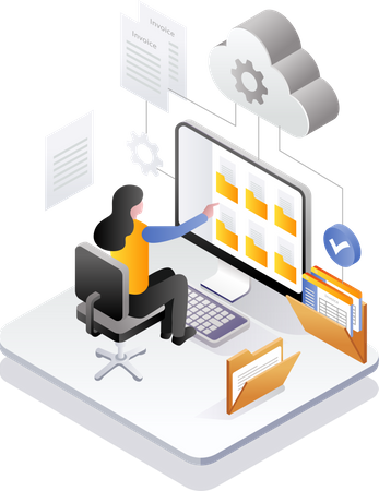 Woman selecting folder in big data  Illustration