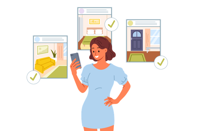 Woman selecting furniture from online application  Illustration