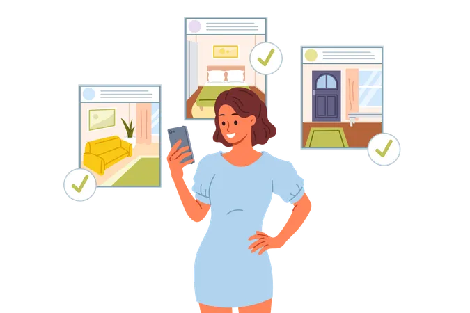 Woman selecting furniture from online application  Illustration