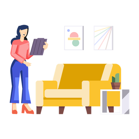 Woman selecting her new house from mobile  Illustration